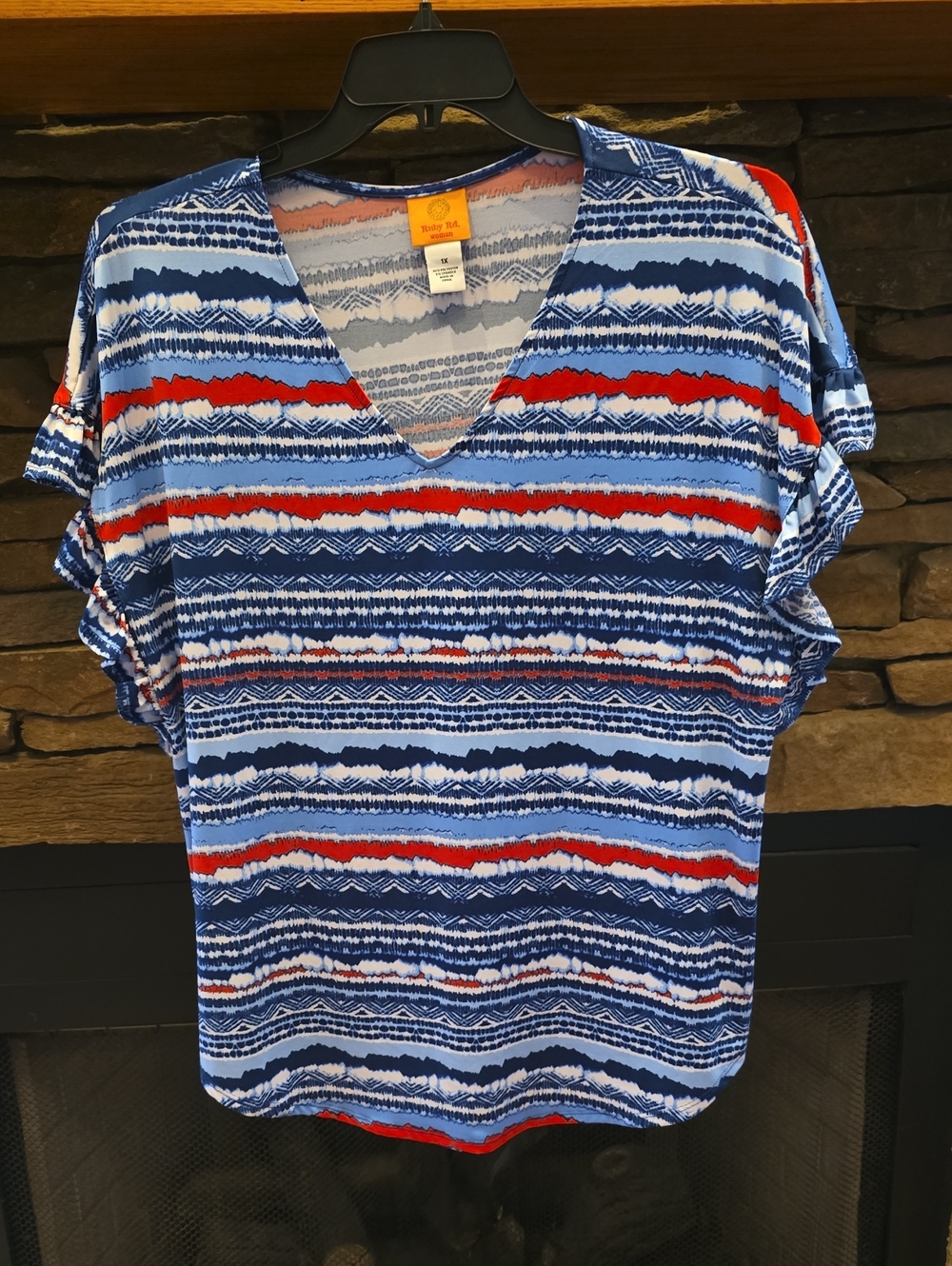 Ruby Rd. V-Neck Short Sleeve Top — Blue, White & Red Stripes